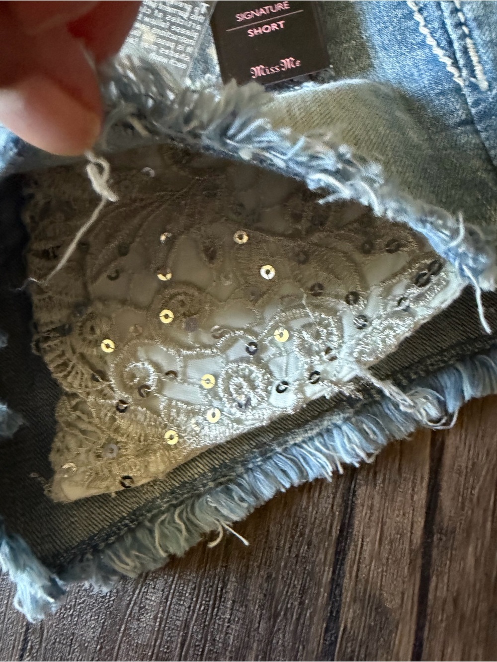 Miss Me Light Wash Distressed Denim Shorts with Rhinestone Trim - Picture 9 of 9